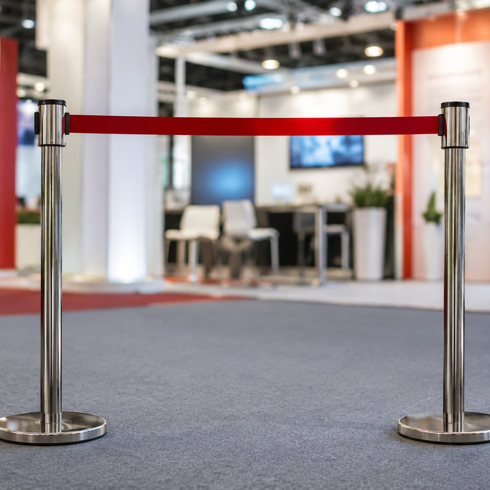 Catenaria con cinta retráctil roja y postes cromados delimitando un acceso en un stand de feria