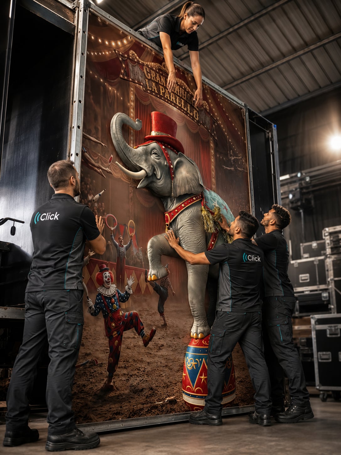 Elefante de circo de 2,5 metros impreso en 3D por Click Comunicación, en montaje en taller